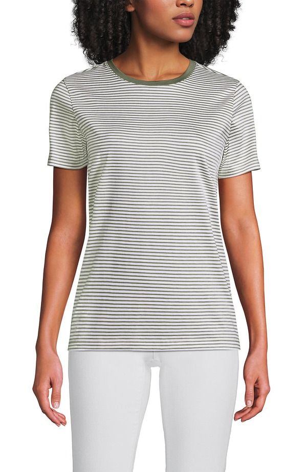 ランズエンド レディース トップス Tシャツ クルーネック コットン Lands End Supima Cotton Crewneck TShirt Sage Micro Stripe セージ