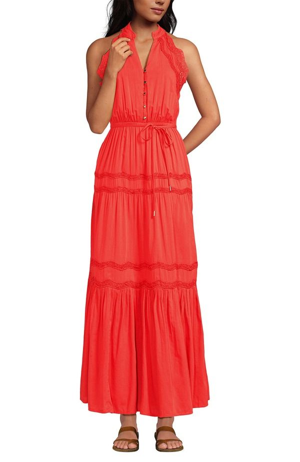 ランズエンド レディース ボトムス カジュアルパンツ ティアード マキシワンピース コットン マキシ ホルター Lands End Cotton Voile Halter Tiered Maxi Dr