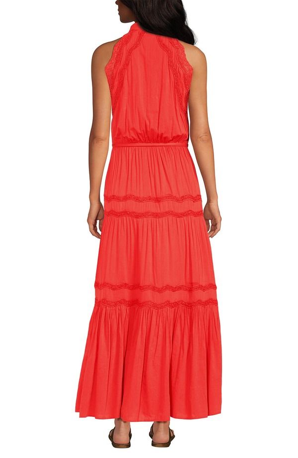 ランズエンド レディース ボトムス カジュアルパンツ ティアード マキシワンピース コットン マキシ ホルター Lands End Cotton Voile Halter Tiered Maxi Dr