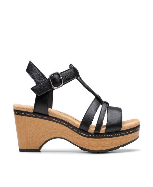 クラークス レディース シューズ サンダル Clarkseannah Madi ClogStyle Wedge TStrap Sandals Black Leather ブラック