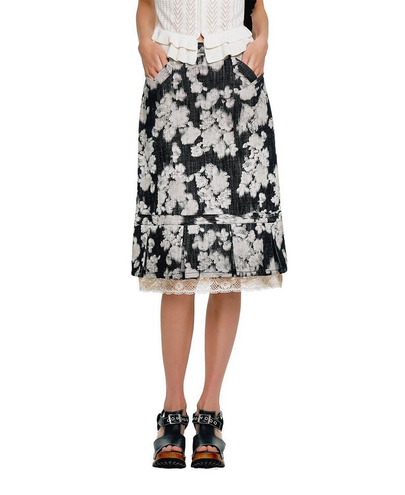 アナスイ レディース ボトムスカート デニム レース Anna Sui Rose Illusion Denim Lace Trimmed Skirt Black ブラック