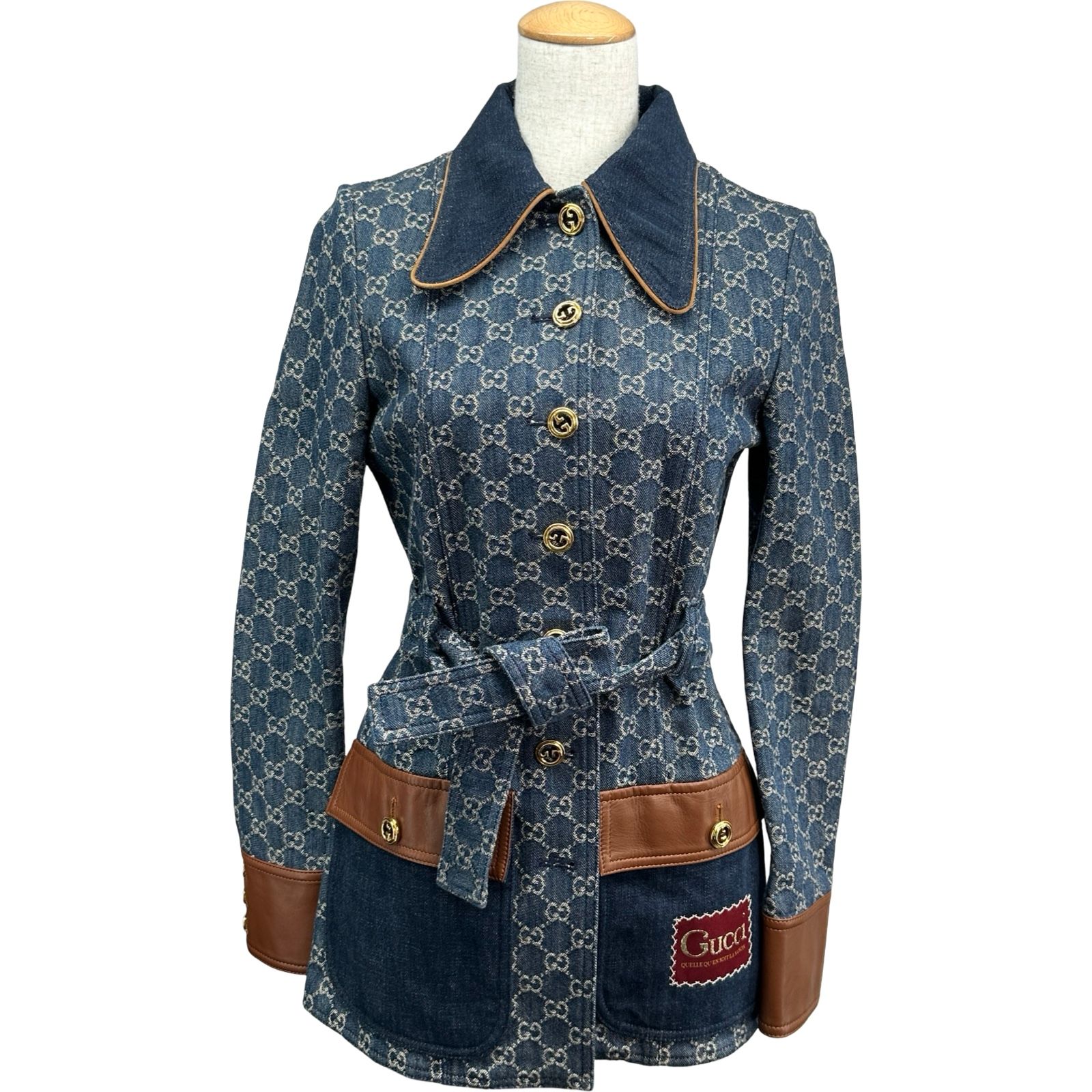 グッチ GUCCI レザー切替GGキャンバスデニムジャケット 652658 ネイビー デニム レディース デニムジャケット