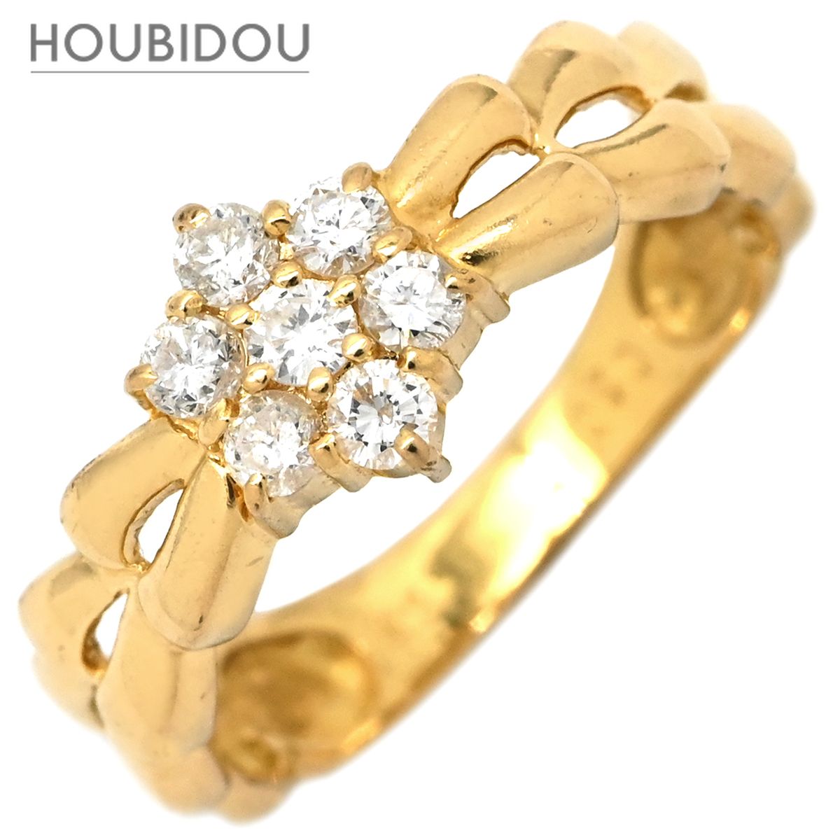 リング 指輪 ダイヤ 0.30ct イエローゴールド K18YG Au750 18K フラワーモチーフ 7粒 7石 7P 透かし彫り 11号【中古】