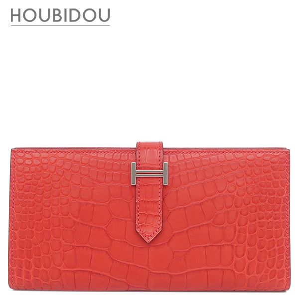 エルメス HERMES 長財布 ベアンスフレ アリゲーター ゼラニウム シルバー金具 クロコ 二つ折り マット □P【中古】