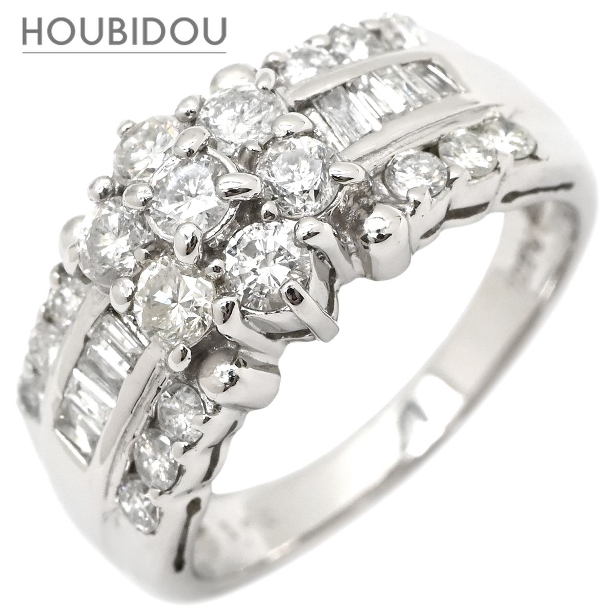 リング 指輪 ダイヤモンド 1.00ct プラチナシルバー Pt プラチナ フラワーモチーフ 花 ラウンドブリリアント バゲット 9号【中古】