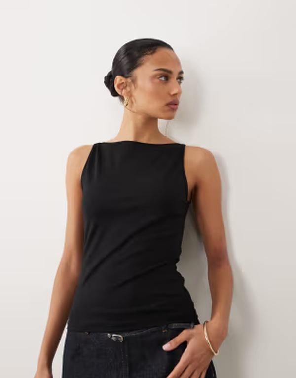 マンゴ レディース トップス ベスト ジャージー Mango jersey boat neck tank top Black ブラック