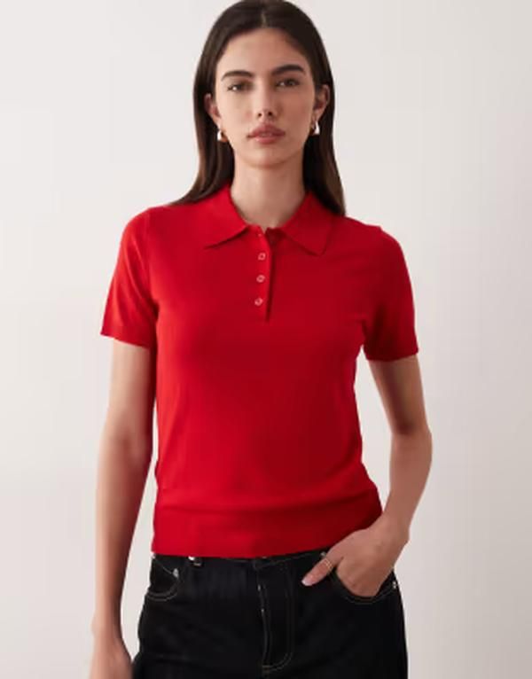 マンゴ レディース トップス ポロシャツ ニット Mango knit short sleeve polo shirt in bright red レッド