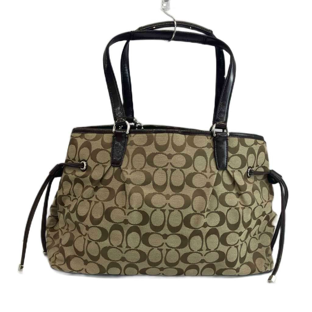 コーチ COACH シグネチャー ストライプ ドローストリング キャリーオール トートバッグ キャンバス エナメル ロゴ ベージュ 茶色 ブラウン F28501 /XZ ■GY18