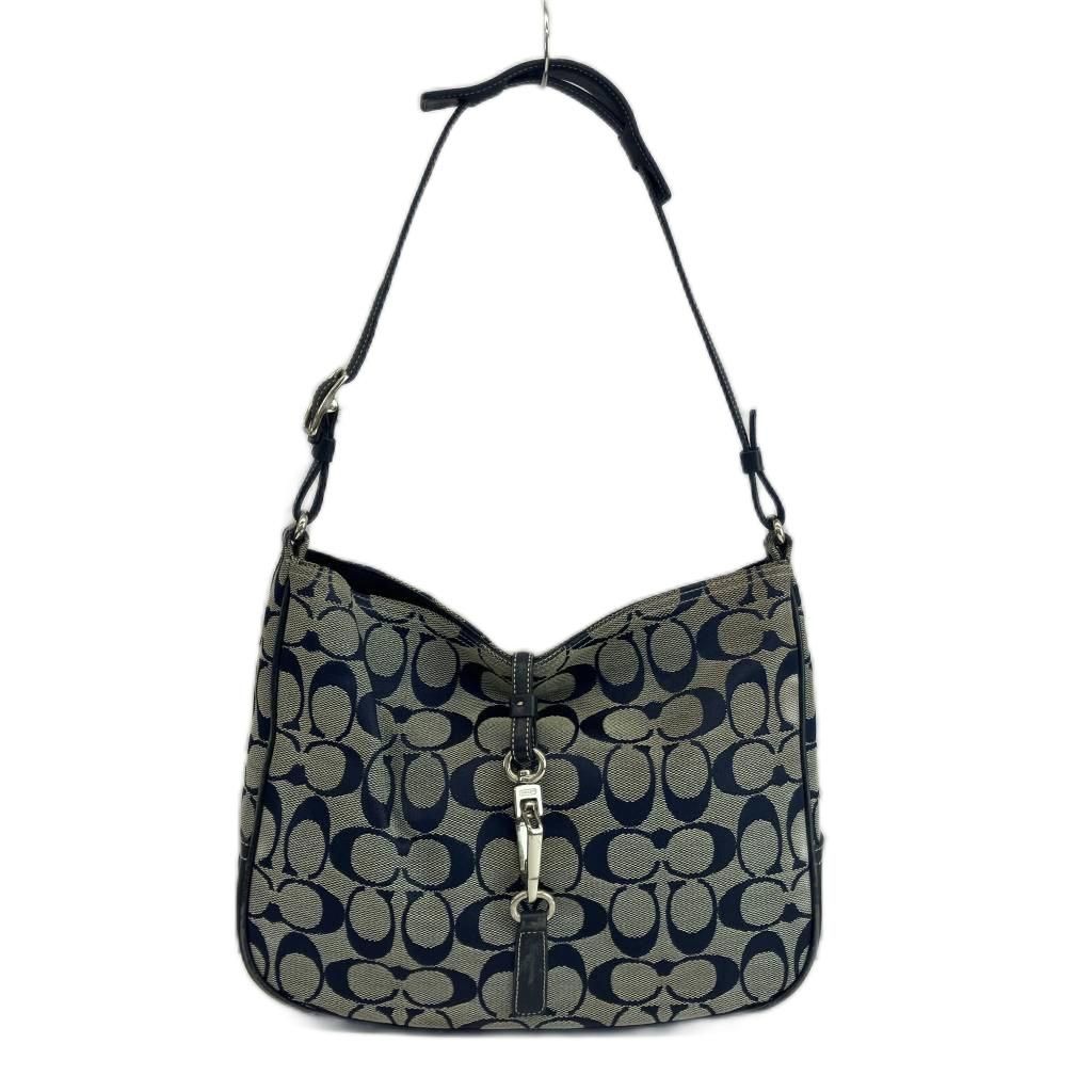 コーチ COACH シグネチャー クリップホーボー ワンショルダーバッグ ハンドバッグ キャンバス レザー クリップ金具 紺 ネイビー 6091 /XZ ■GY18