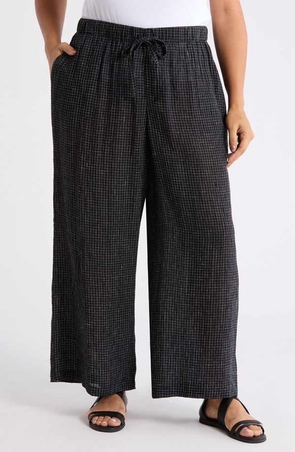エイリーンフィッシャー レディース ボトムス レギンス パンツ リネン Eileen Fisher Crinkled Organic Linen Drawstring Pants Black Whit