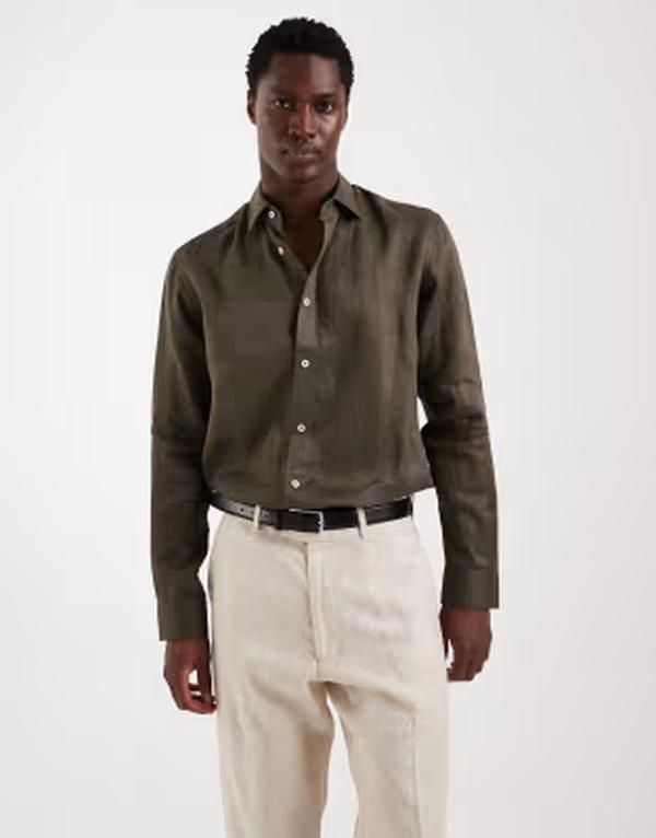 マンゴ メンズ トップス シャツ リネン Mango 100 linen long sleeve shirt BROWN ブラウン