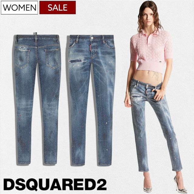 【定価363,000円(税込)】DSQUARED2 ディースクエアード 都会的なシルエットと細かなディテールで魅せる スタッズ付 リペア＆クラッシュ加工 テーパードデニムパンツ ウォッシュ加工 ジーンズ 《JENNIFER JEAN-ジェニファージーン-》 イ