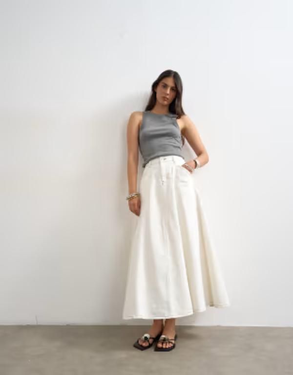 トップショップ レディース ボトムスカート デニム マキシ Topshop denim circle seamed maxi skirt in bone デニム