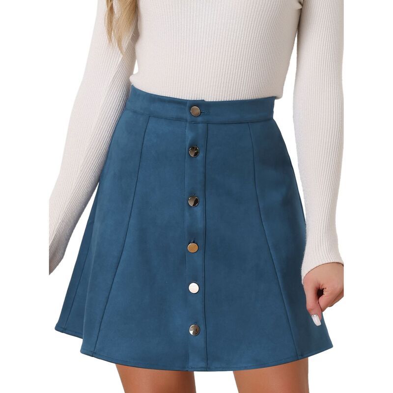 アレグラ ケー レディース ボトムスカート A ライン ミニ スエード ALLEGRA K Womens Faux Suede Button Front ALine Mini Skirt Peacoc