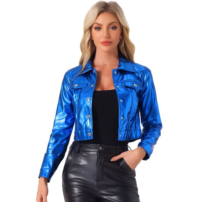アレグラ ケー レディース アウター ジャケット・ブルゾン ボタンダウン トール ダウン グラフィック ALLEGRA K Womens Holographic Shiny Biker Button