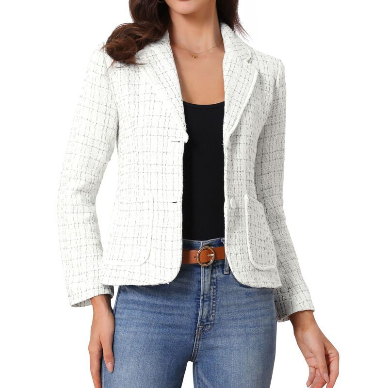 アレグラ ケー レディース アウター ジャケット・ブルゾン ツイード ブレザー ALLEGRA K Plaid Tweed Jacket for Womens Notch Lapel Button E