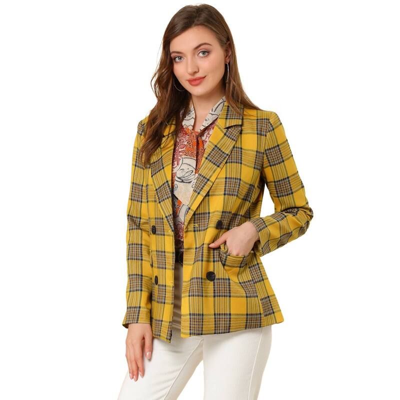 アレグラ ケー レディース アウター ジャケット・ブルゾン ブレザー ALLEGRA K Womens Notched Lapel Double Breasted Plaid Blazer Yello