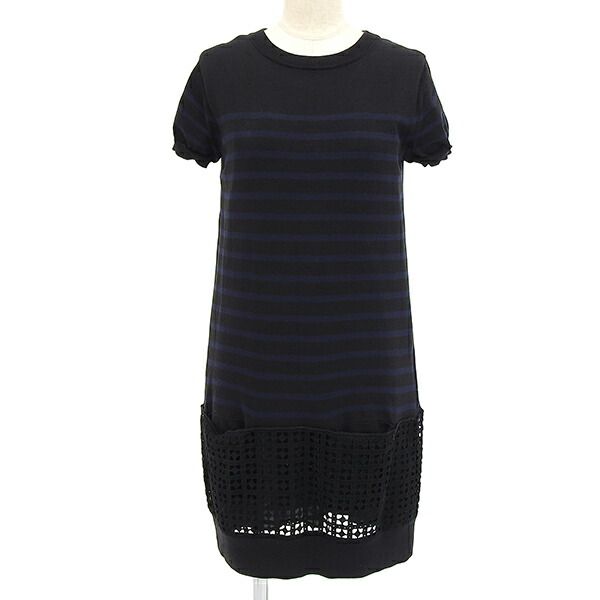 Sacai luck サカイ ラック Cotton S/S Striped Eyelet Dress 15SS LU937 サイズ2 コットン 異素材 切り替え ニット ボーダー 半袖 ワンピース レディース ブラック ネイビー ECO0111 【中古】