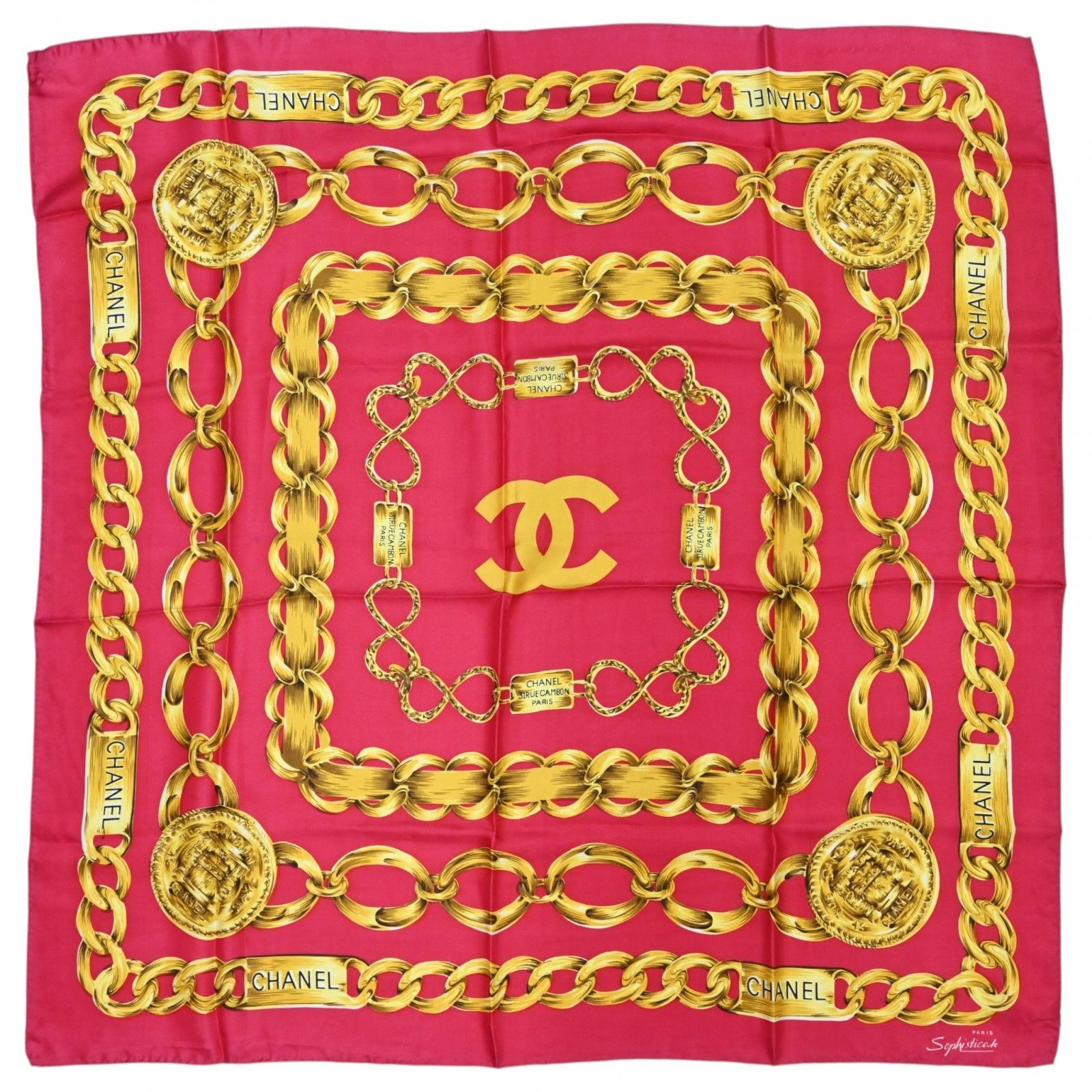【中古】シャネル スカーフ ココマーク チェーンモチーフ ロゴ シルク100％ ショール ストール Aランク ch5919cc