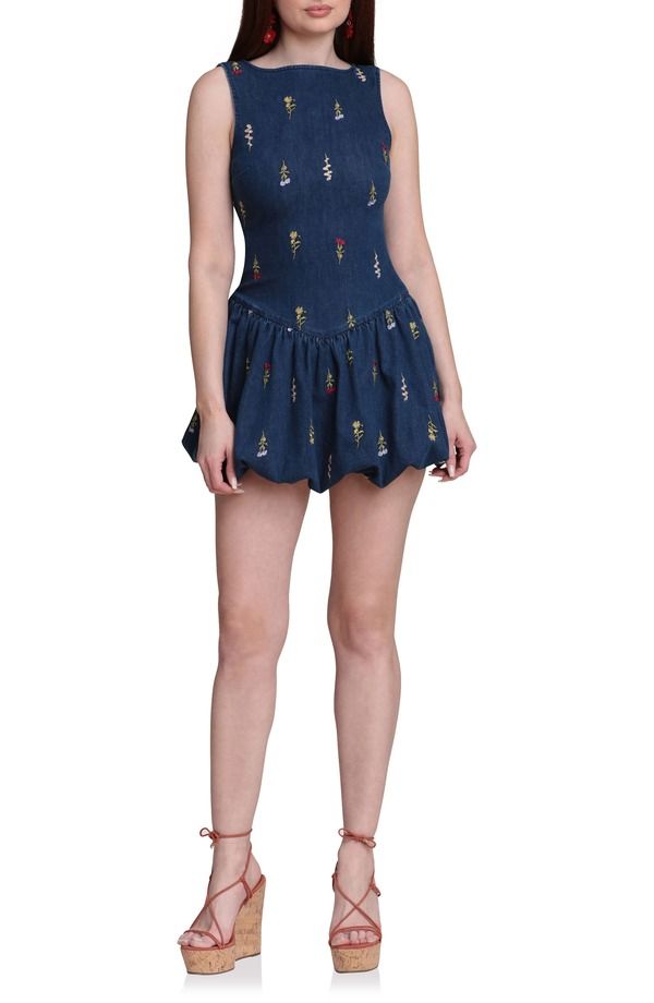 アヴェックレフィーユ レディース ボトムス デニムパンツ ミニワンピース ミニ 刺繍 Avec Les Filles Embroidered Bubble Hem Deniminidress Mona