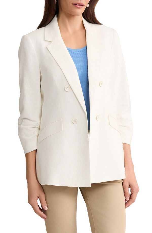 ジョーンズニューヨーク レディース アウター ジャケット・ブルゾン リネン Jones New York Scrunch Sleeve Faux Double Breasted Linen Jacke