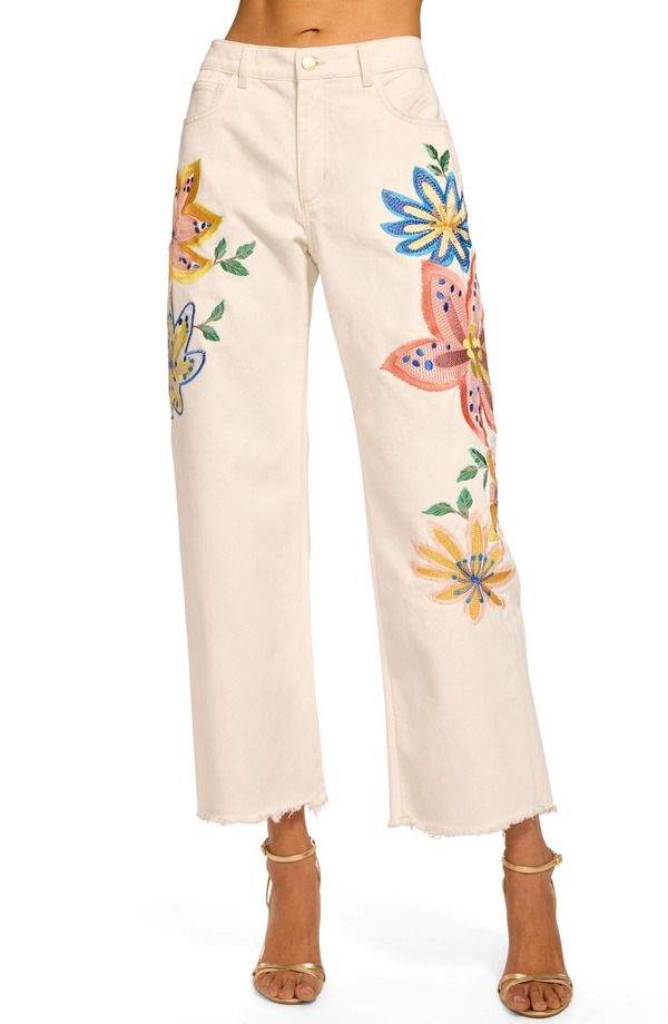 レイミー ブルック レディース ボトムス デニムパンツ ストレート ジーンズ Ramy Brook Amber Flower Embroidery Straight Leg Jeans Whitemb