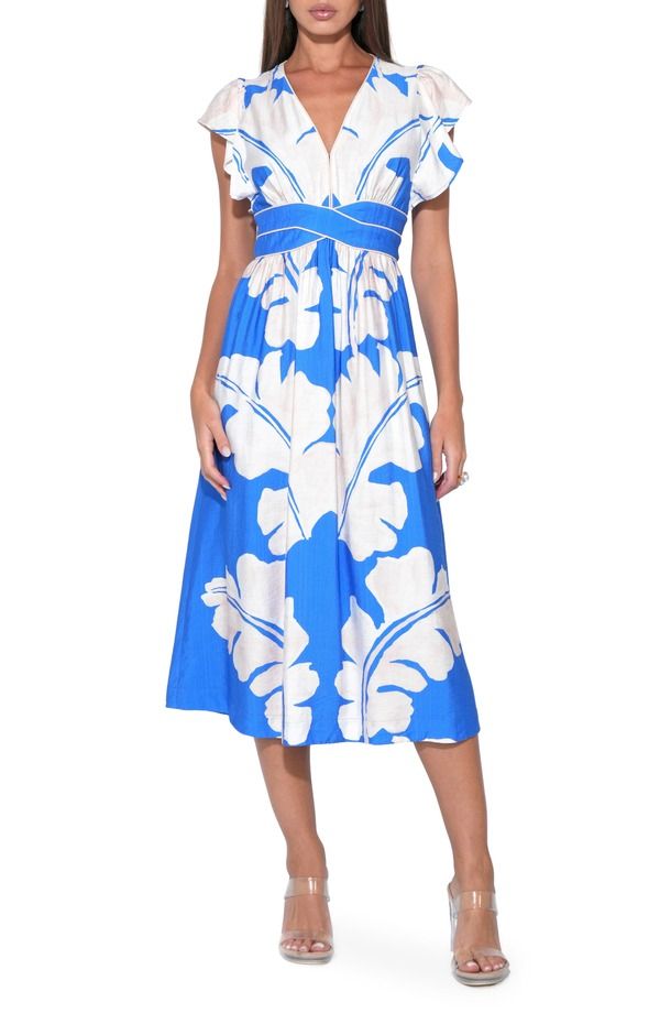 アドレイン ラエ レディース ボトムス カジュアルパンツ ミディワンピース プリント ミディ Adelyn Rae Avery Botanical Print Midi Dress Blue Ivor