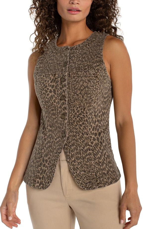 リヴァプール ロサンゼルス レディース アウター ベスト プリント Liverpoolos Angeles Print Button Front Vest Khaki Abstract Animal