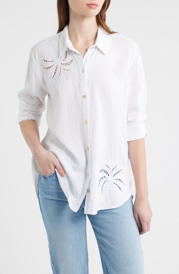 レイルズ レディース トップス シャツ 刺繍 リネン Railsamar Eyelet Embroidered Linen Blend Button Up Shirt White Palm Embro