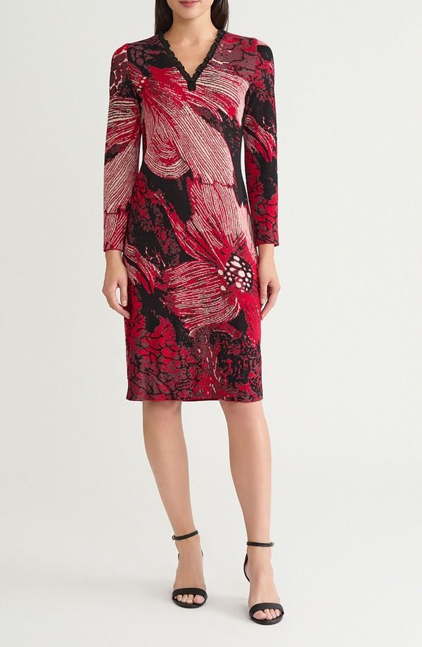 ミンウォン レディース トップス ワンピース フラワー柄 フリル フラワー Ming Wang Floral Jaquard Ruffle Trim Long Sleeve Dress Holiday
