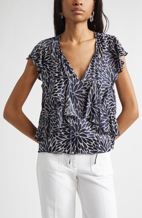 レイミー ブルック レディース トップス シャツ フリル Ramy Brook Julianne Ruffle Top Navy Burnout ネイビー