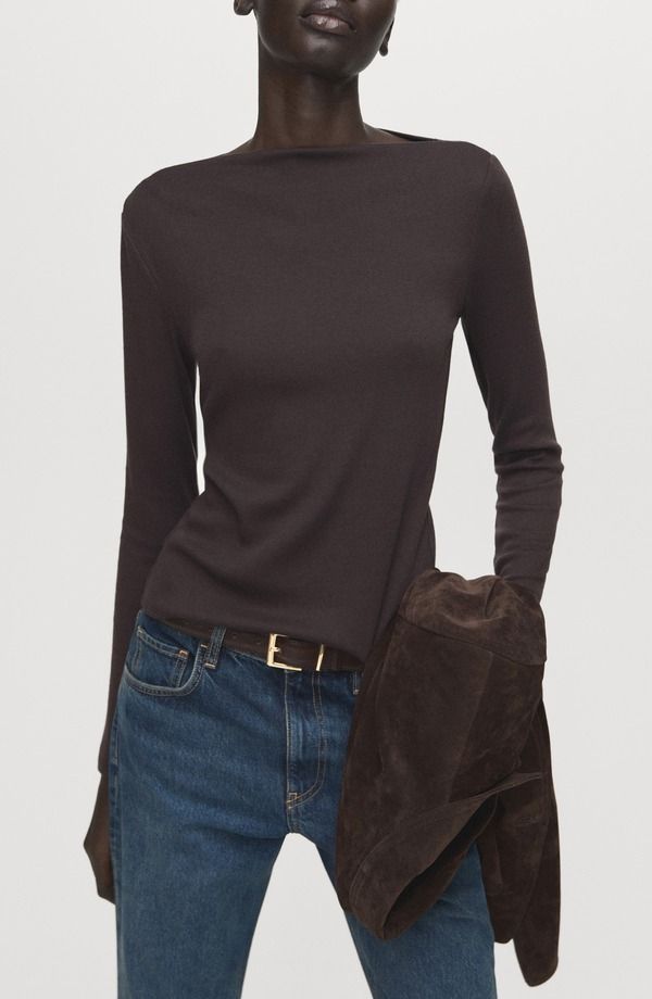 マンゴ レディース トップス シャツ MANGO Boat Neck Long Sleeve TShirt Chocolate チョコレート