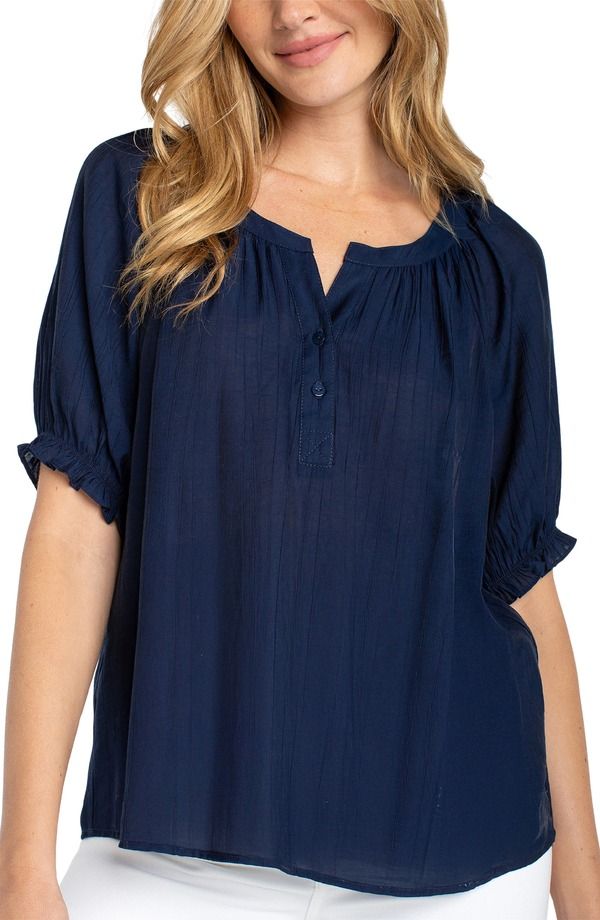 リバプール レディース トップス シャツ Liverpool Crinkled Puff Sleeve Top Navy ネイビー