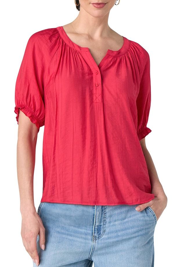 リバプール レディース トップス シャツ Liverpool Crinkled Puff Sleeve Top Cherry Rose