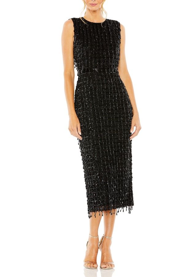 マックダガル レディース トップス ワンピース ミディ ノースリーブ フリンジ Mac Duggal Beaded Fringe Black Sleeveless Midi Dress Black ブ