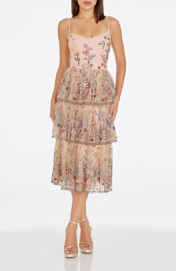 ドレスザポプレーション レディース トップス ワンピース フラワー柄 ミディ フラワー Dress the Population Loretta Floral Embroidery Midi Cock