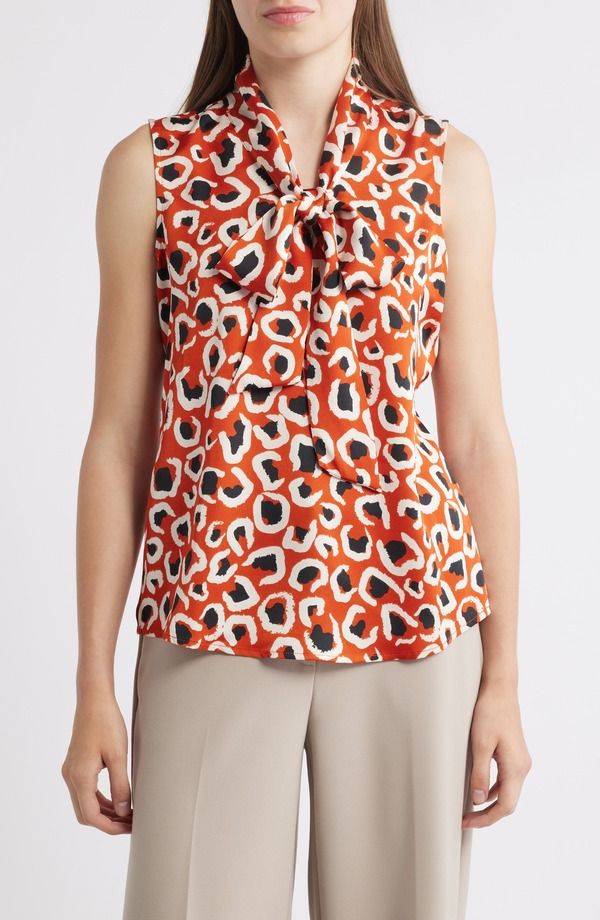 タハリエーエスエル レディース トップス シャツ サテン ノースリーブ Tahari ASL Bow Neck Sleevelessatin Topersimmon Leopard アニマル