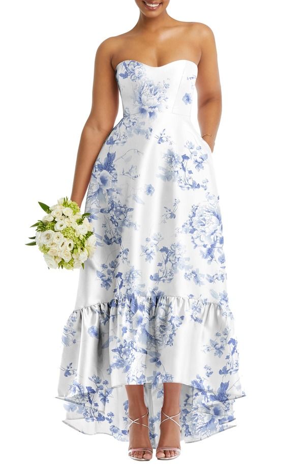 アルフレッド レディース トップス ワンピース フラワー柄 フリル ストラップレス フラワー Alfred Sung Strapless Floral Ruffle HighLow Gown Cott