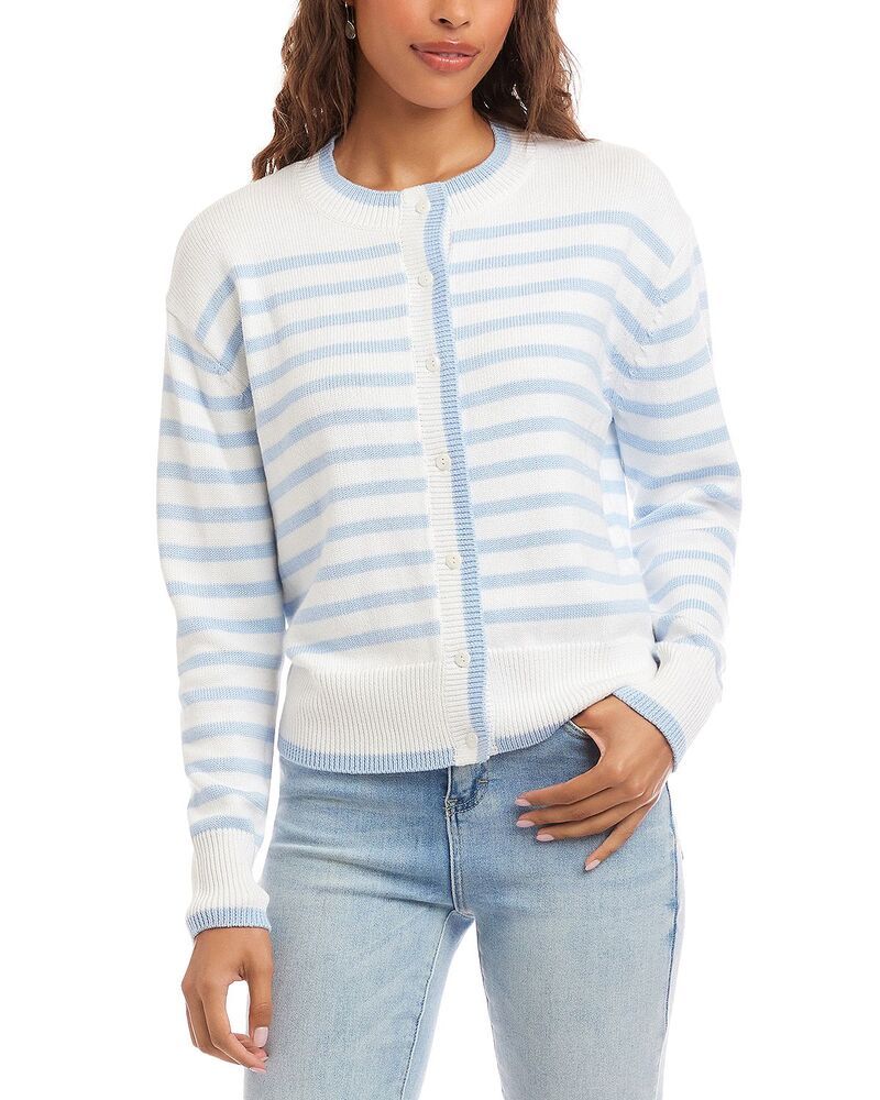 カレンケーン レディース アウター カーディガン セーター Karen Kane Stripe Cardigan Sweater Blue Off White オフホワイト