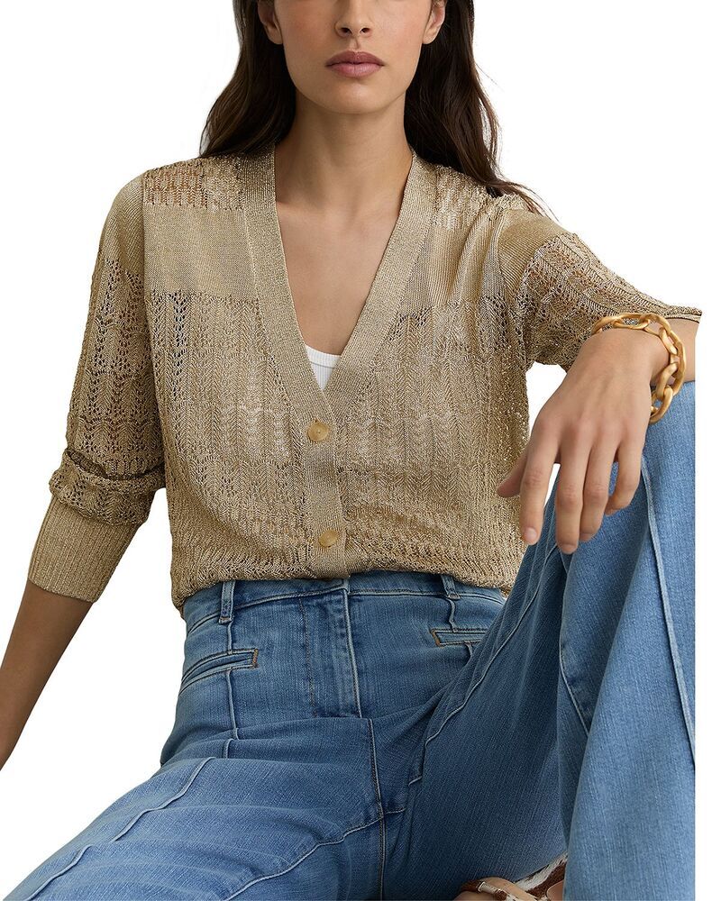 レイス レディース アウター カーディガン Vネック REISSuzanne Pointelle V Neck Cardigan Gold ゴールド