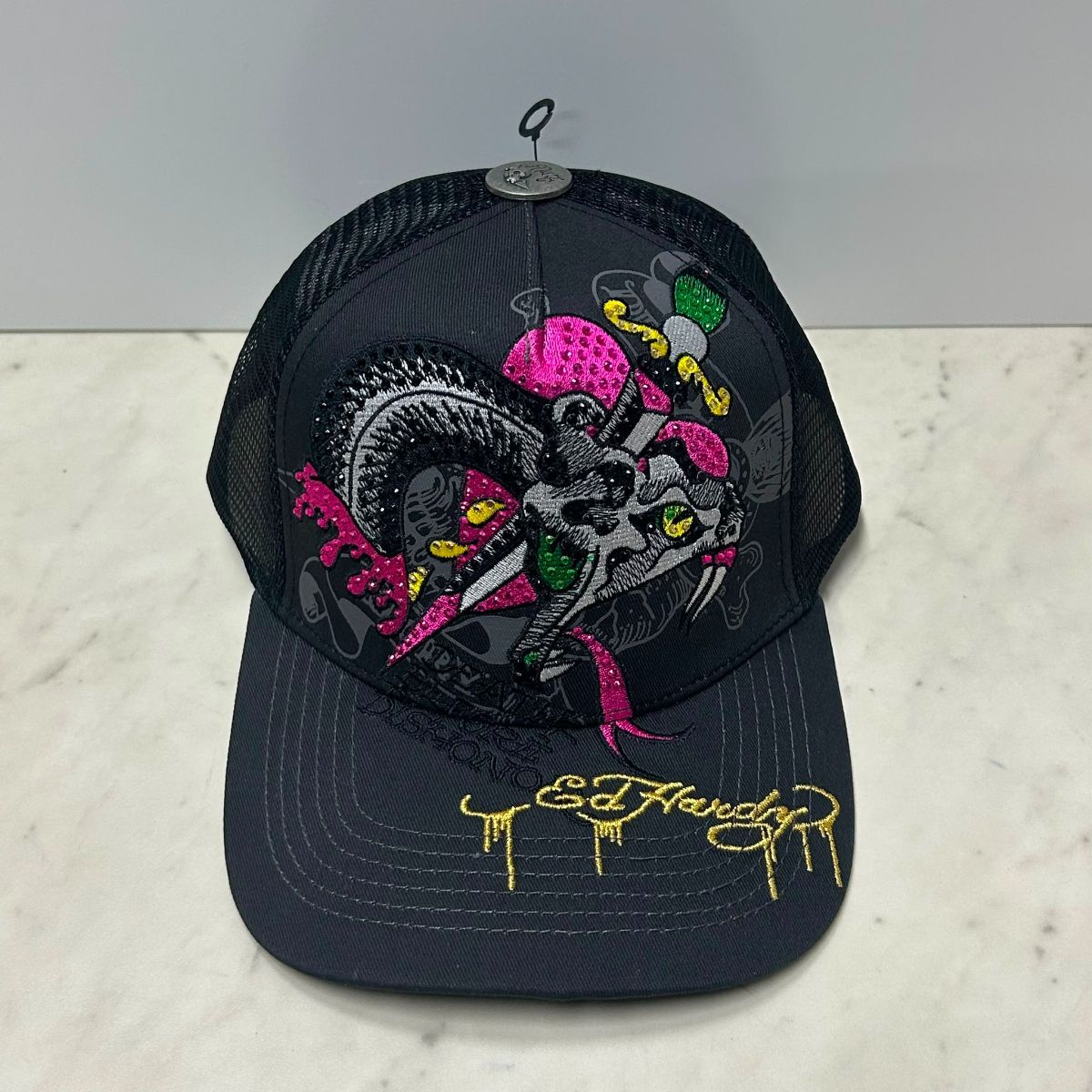 USA仕様 Ed Hardy エドハーディ Dagger Snake Rhinestone 蛇 メッシュ トラッカーキャップ 黒 (EDC7)