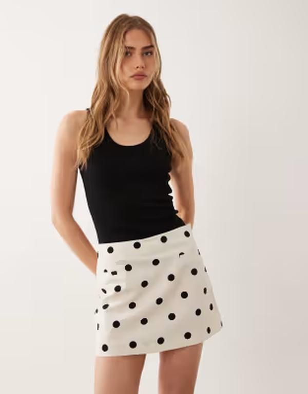 エイソス レディース ボトムスカート ドット柄 ドット プリント ミニ リネン ASOS DESIGN linen blend mini skirt polka dot print White pol