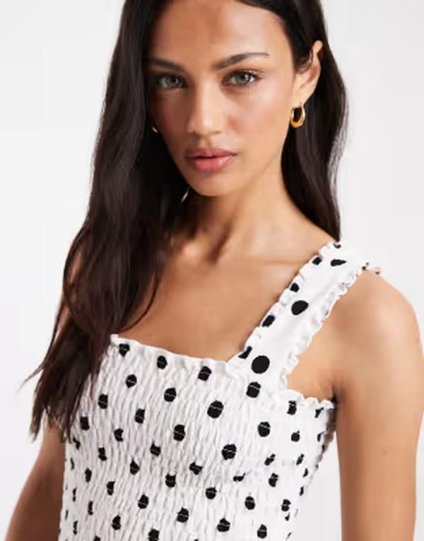 ピーシーズ レディース トップス タンクトップ ドット柄 ドット PIECES wide strap smock top and black polka dot Cloudancer black ブラ
