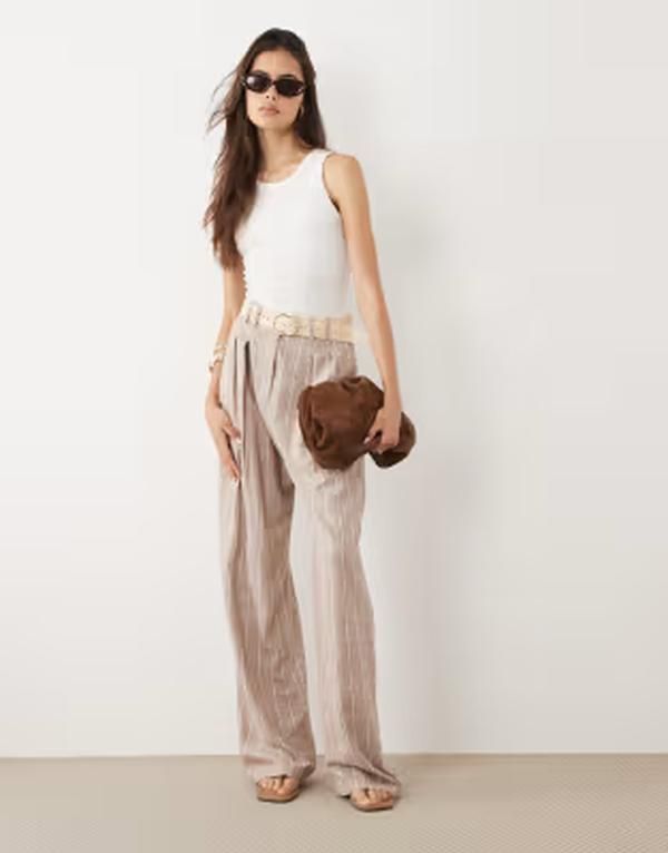 エイソス レディース ボトムス カジュアルパンツ ワイドレッグ トール リネン ASOS DESIGN Tall tailored belted wide leg linen blend pants