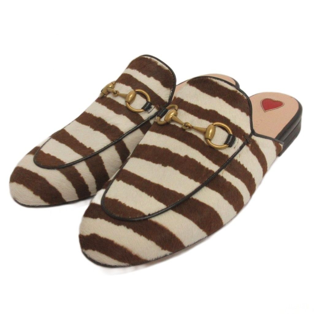 グッチ GUCCI プリンスタウン スリッポン サンダル スリッパ ホースビット ハラコ 476250 ホワイト ブラウン系 36