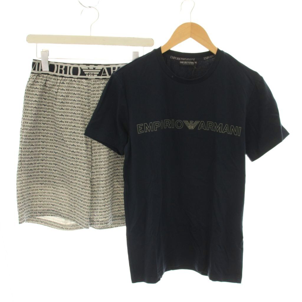 エンポリオアルマーニ EMPORIO ARMANI ルームウェア セットアップ 上下 Tシャツ カットソー クルーネック 半袖 ショートパンツ ハーフパンツ ロゴプリント S 紺 ネイビー グレー C1FY01-20231 /YT
