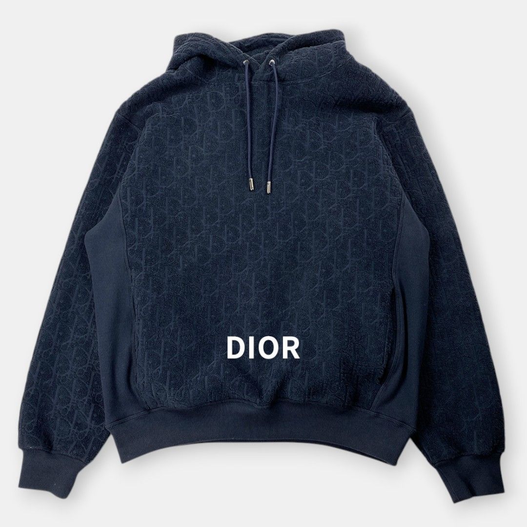 美品 DIOR HOMME ディオール オム オブリーク コットン フリース スェット プルオーバー パーカー 総柄 紺 L / J&NREUSE メンズ トップス