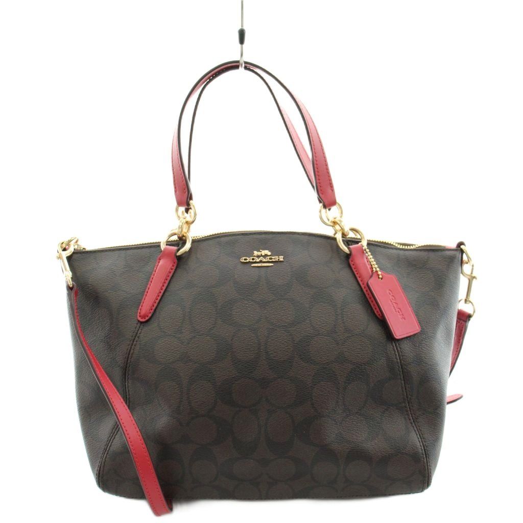 コーチ COACH シグネチャー ショルダーバッグ ハンドバッグ 2way PVC レザー 茶 ブラウン 赤 レッド F28989 /AN50