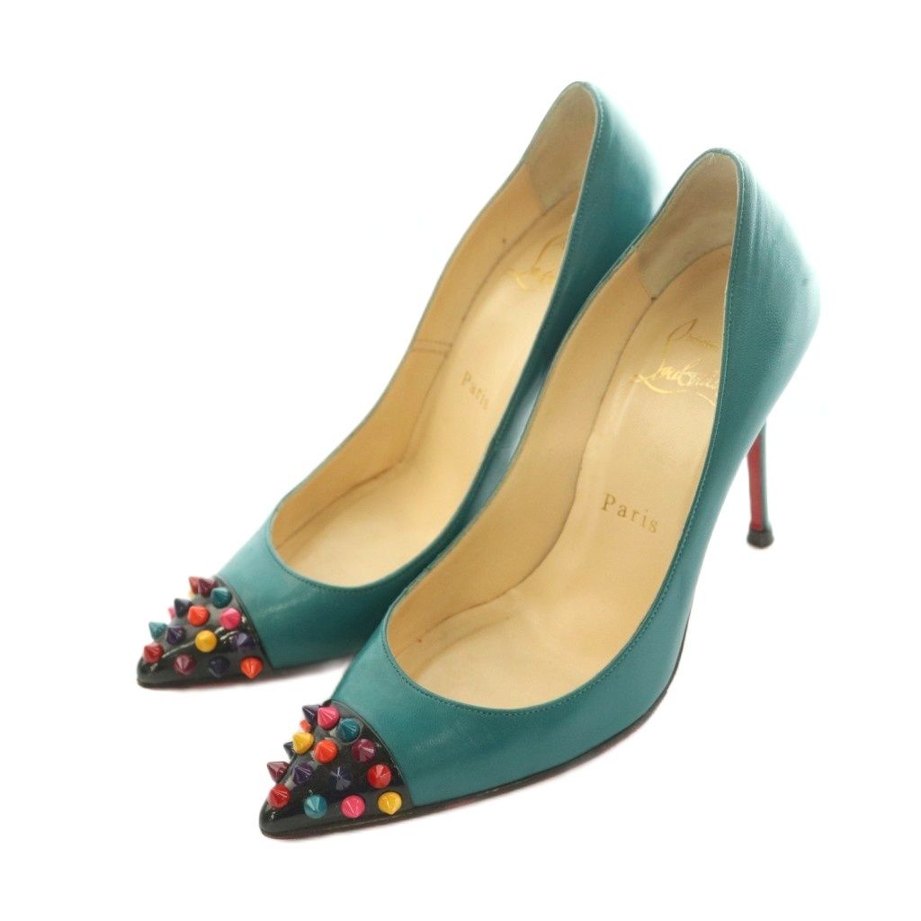 クリスチャンルブタン Christian louboutin パンプス ポインテッドトゥ ピンヒール スタッズ 34 21.0cm 緑 グリーン /MI ■OS