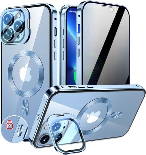 KELLCASE【カメラレンズ保護・スタンド+覗き見防止+MagSafe対応 】iPhone 13 Pro 用 ケース 全面保護 隠しスタンド付き ロック付き 両面 マグネット式 アイフォン13プロ カバー ストラップホール付き透明背面 メタルフレーム 磁ｍａ
